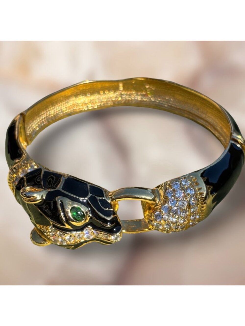 Noir Black Enamel Panther Bangle Bracelet Rhinestone Green Eyes Vintage Goldtone - Picture 6 of 7